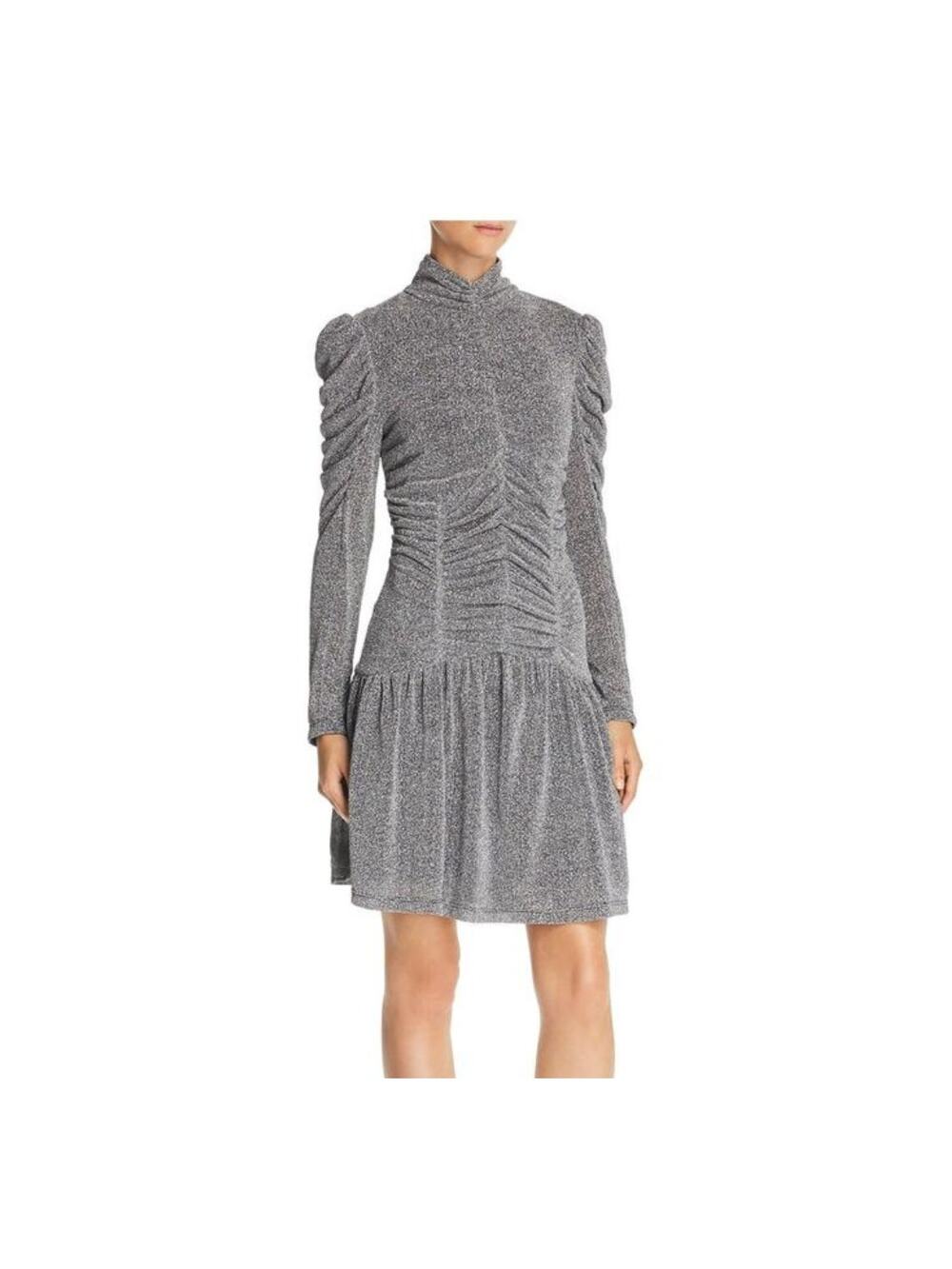 Rebecca Taylor Silver Metallic Sparkle Mock Neck Ruched Long Sleeve Mini Dress